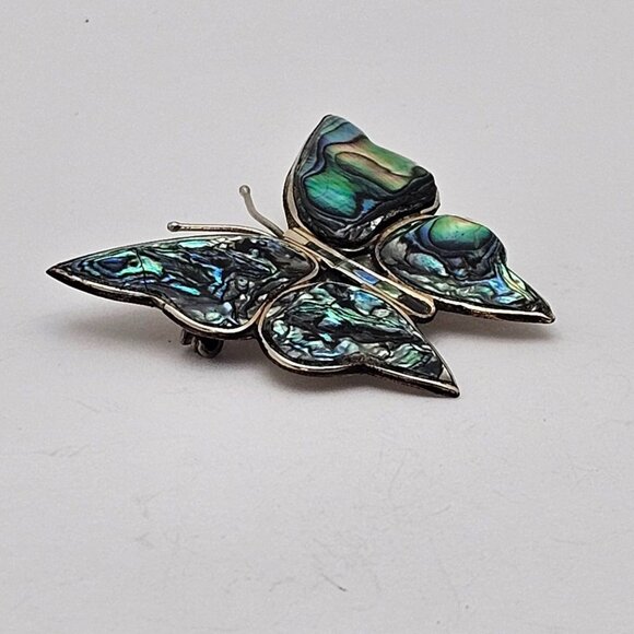 VTG Brooch Silver Tone Alpaca Iridescent Rainbow Abalone Shell Inlay Fairycore - Picture 7 of 16
